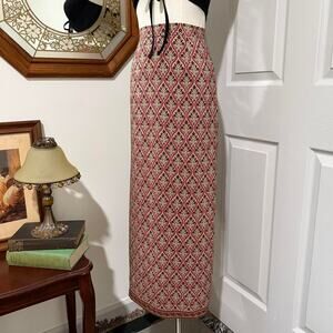 VTG 90s Petite Sophisticate Green & Red Floral Boho Medallion Silk Maxi Skirt 2